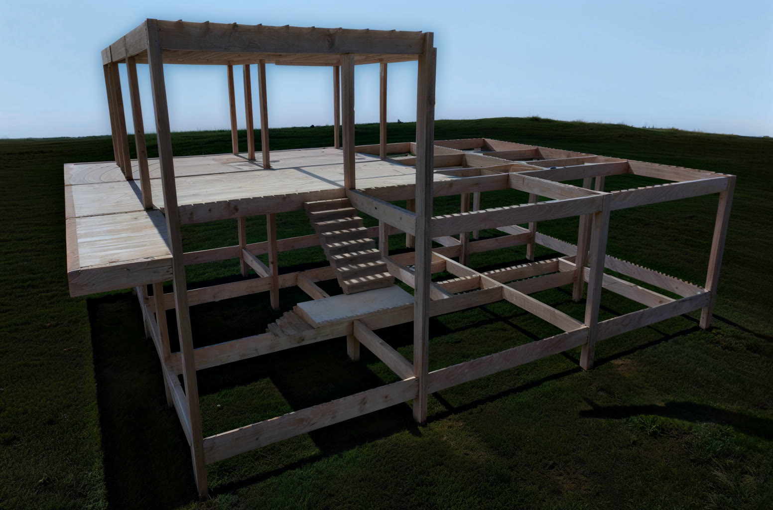 Modelo 3D da estrutura de uma casa, com pilares, vigas e lajes
