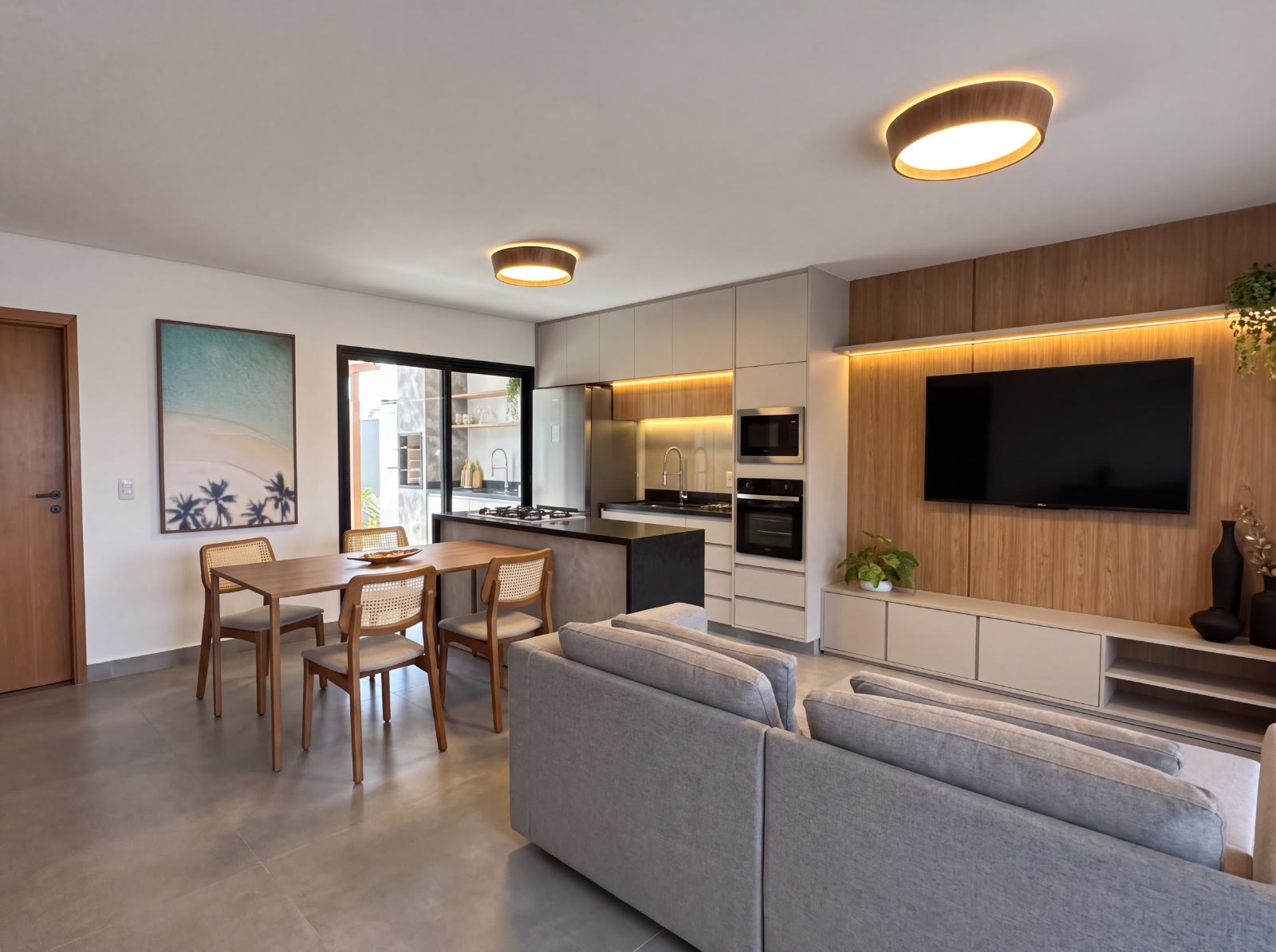 Sala de estar e jantar com painel de madeira